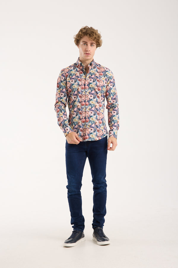 Leonardo Sport Herren Hemd Poplin Stretch Blau Rosa