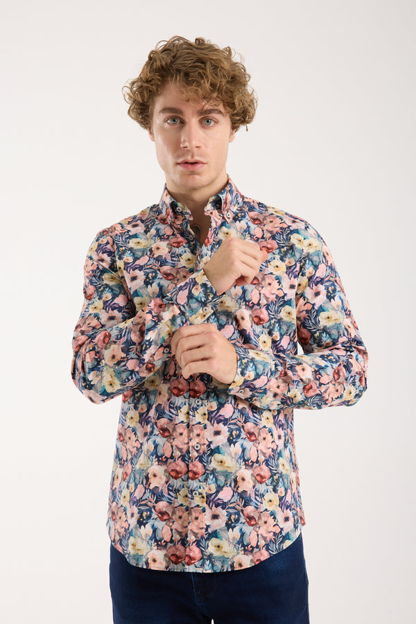 Leonardo Sport Herren Hemd Poplin Stretch Blau Rosa