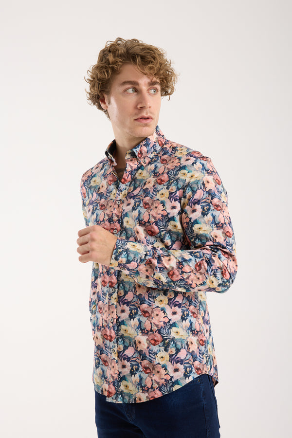 Leonardo Sport Herren Hemd Poplin Stretch Blau Rosa