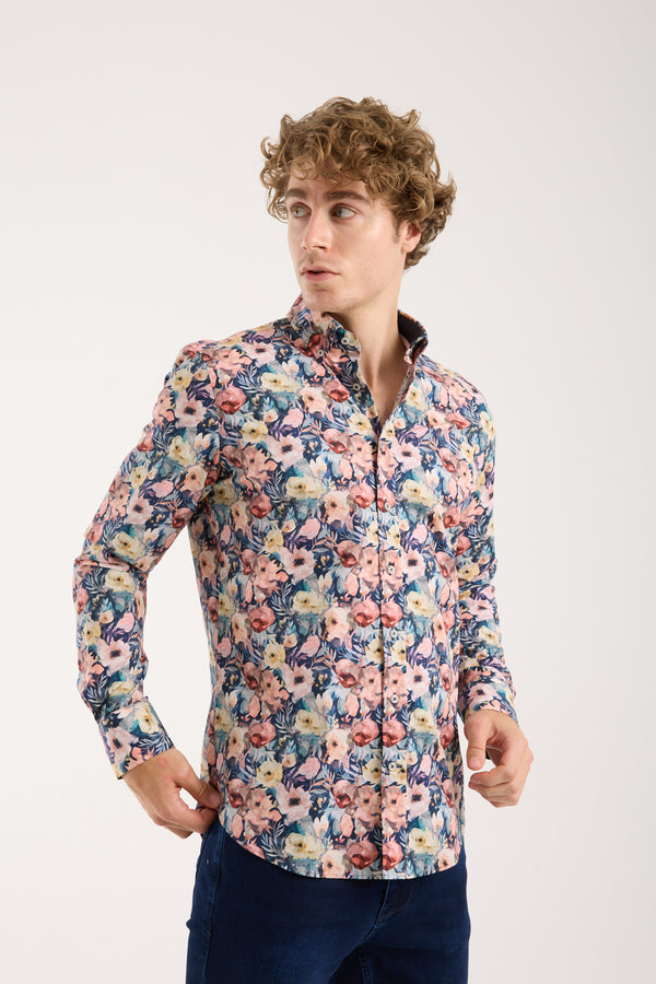 Leonardo Sport Herren Hemd Poplin Stretch Blau Rosa