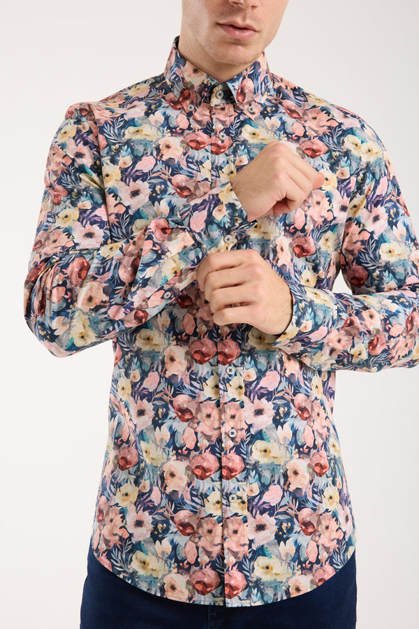 Leonardo Sport Herren Hemd Poplin Stretch Blau Rosa