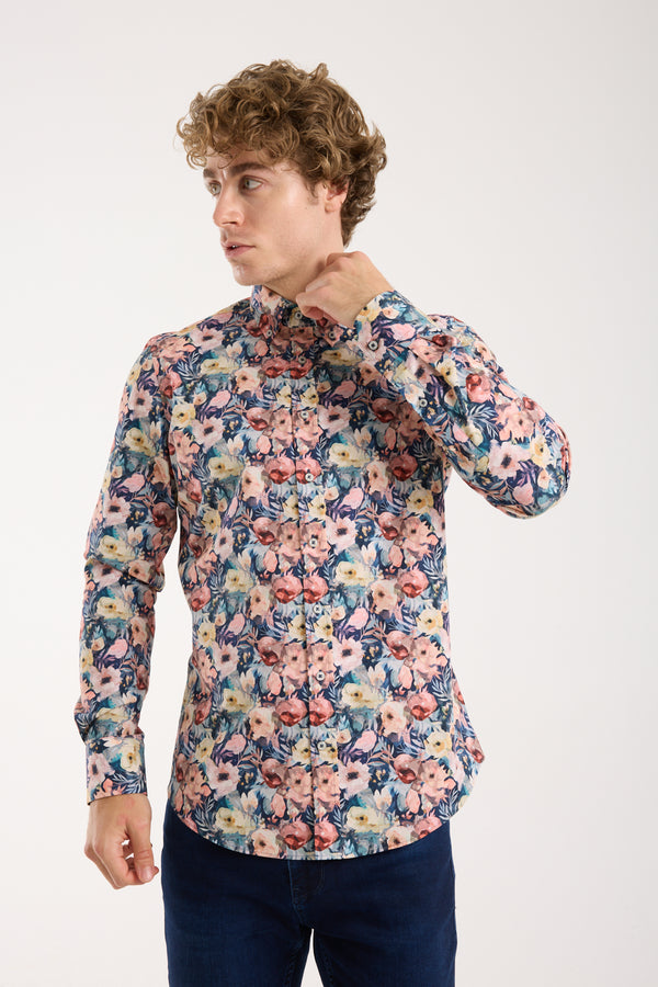 Leonardo Sport Herren Hemd Poplin Stretch Blau Rosa