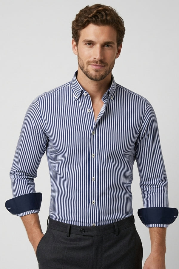 Camicia Uomo Leonardo Sport Popelin Stretch Bianco Blu