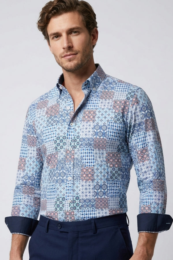 Leonardo Sport Herren Hemd Poplin Stretch Weiss Hellblau