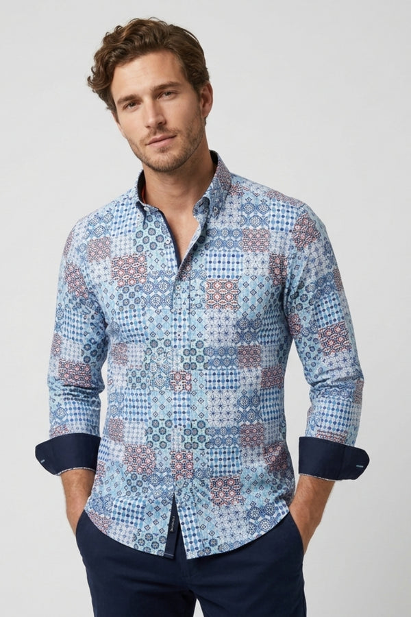 Leonardo Sport Herren Hemd Poplin Stretch Weiss Hellblau
