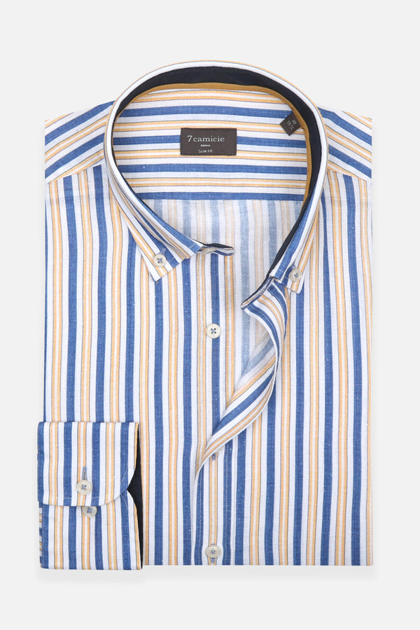 Camisa Hombre Leonardo Sport Lino Azul Amarillo