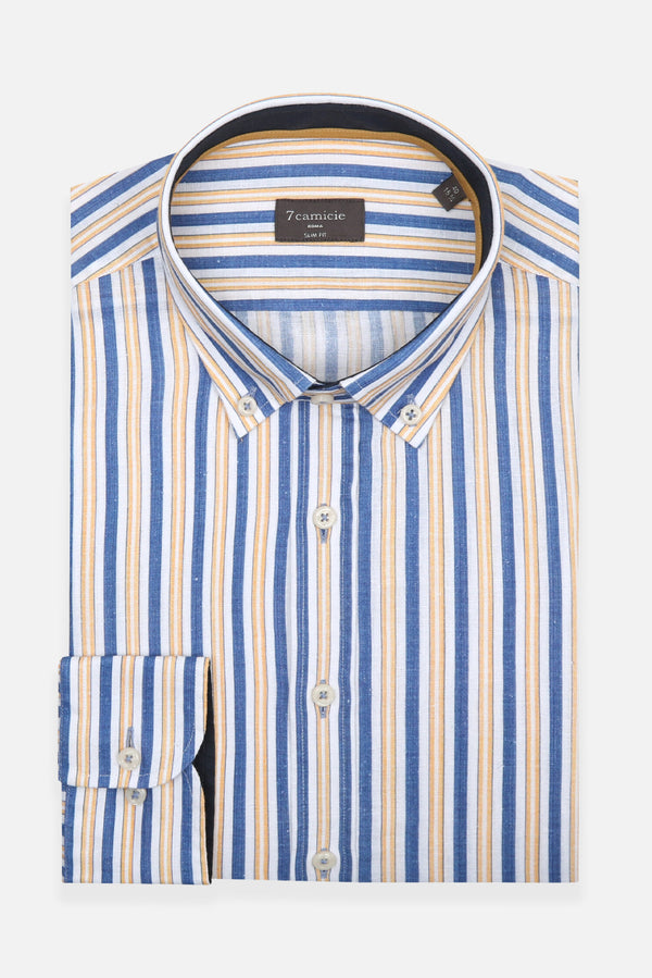 Camisa Hombre Leonardo Sport Lino Azul Amarillo