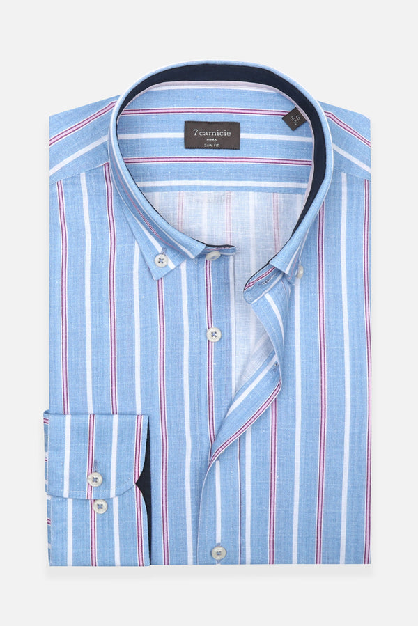 Camisa Hombre Leonardo Sport Lino Azul Blanco