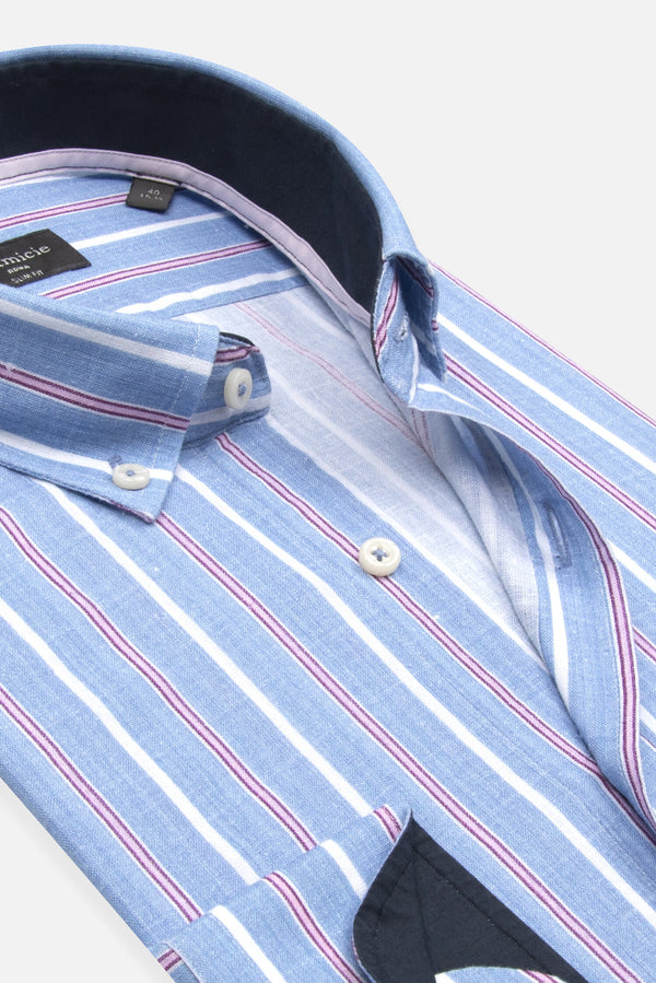 Camisa Hombre Leonardo Sport Lino Azul Blanco