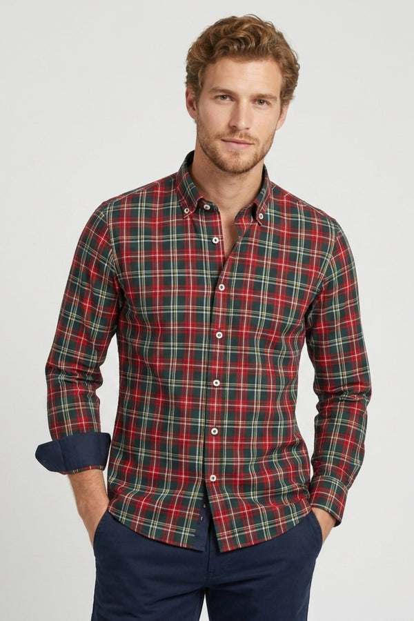 Leonardo Sport Herren Hemd Twill Grun Rot