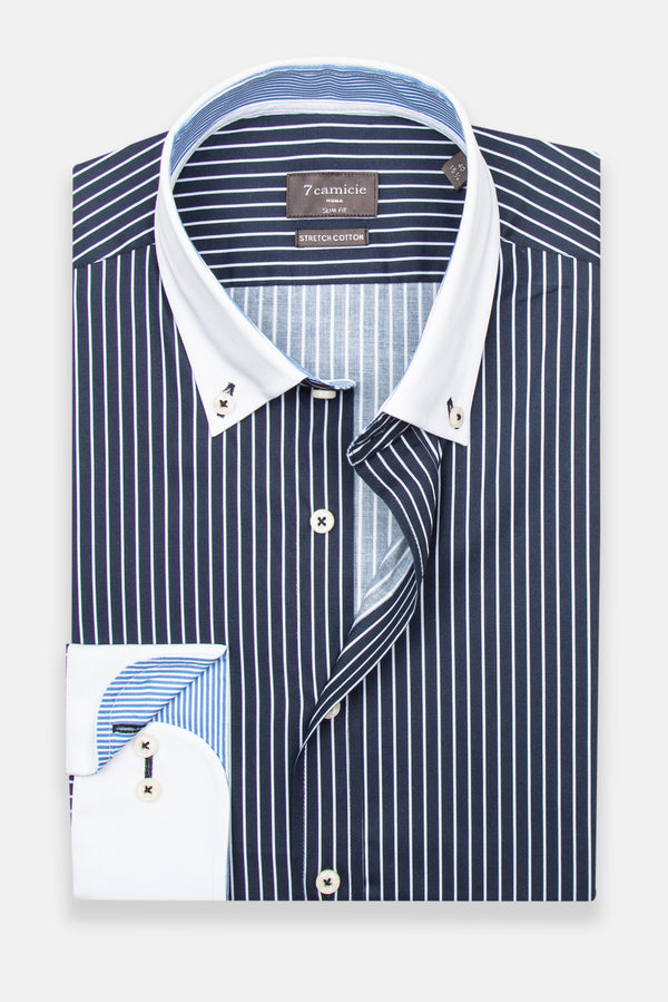 Camicia Uomo Sport Popelin Stretch Blu Bianco