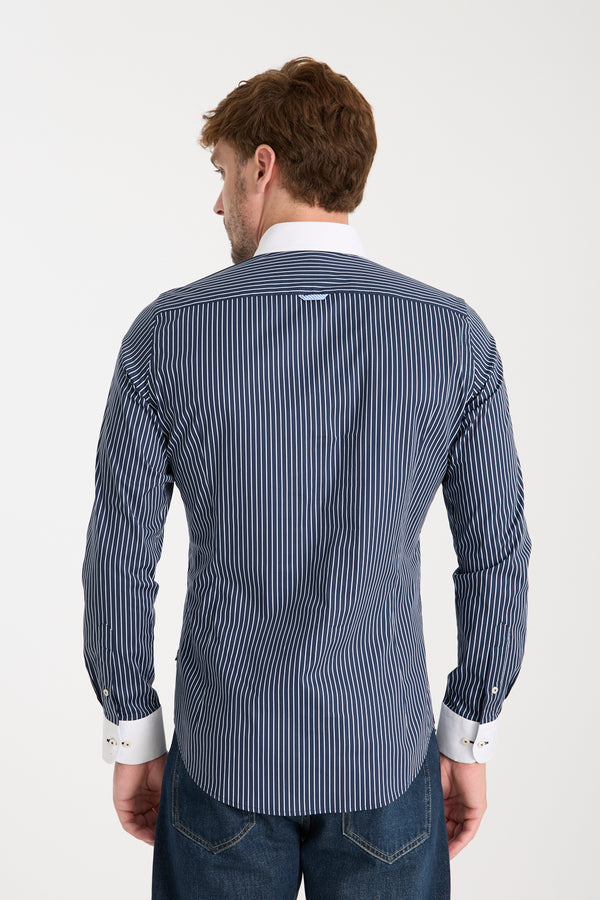 Sport Herren Hemd Poplin Stretch Blau Weiss