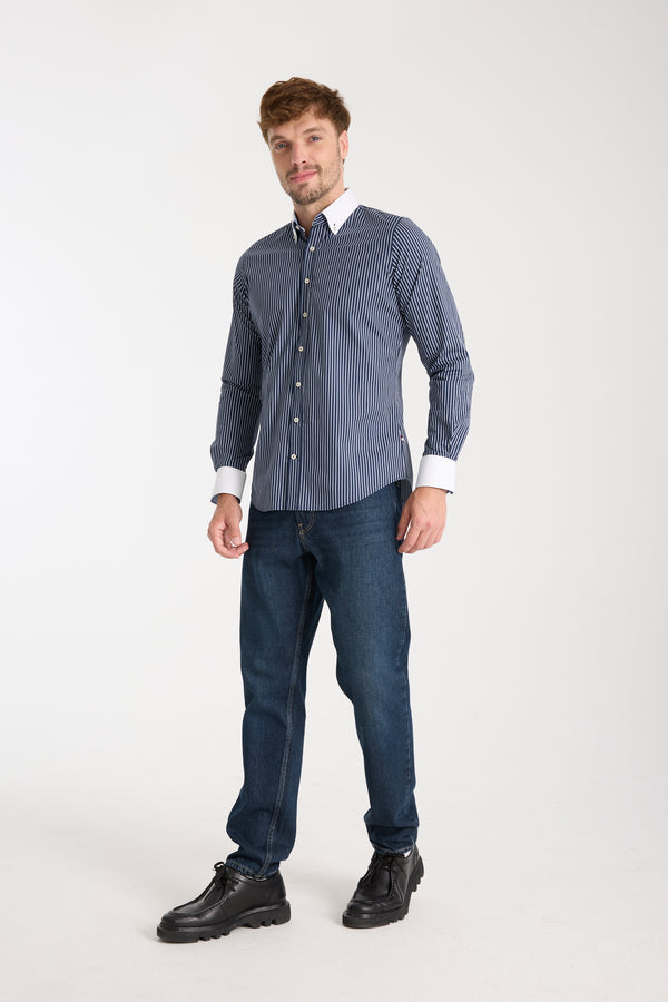 Sport Herren Hemd Poplin Stretch Blau Weiss