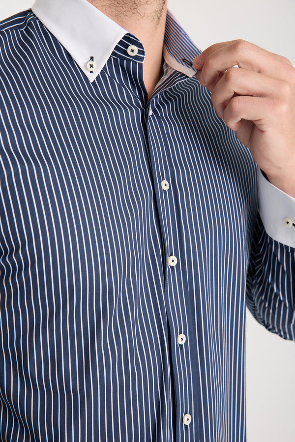 Sport Herren Hemd Poplin Stretch Blau Weiss