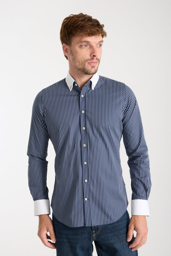 Sport Herren Hemd Poplin Stretch Blau Weiss