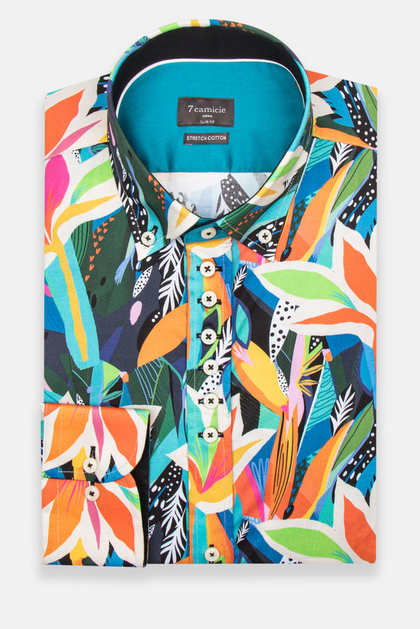 Camisa Hombre Donatello Iconic Popelin Stretch Negro Naranja