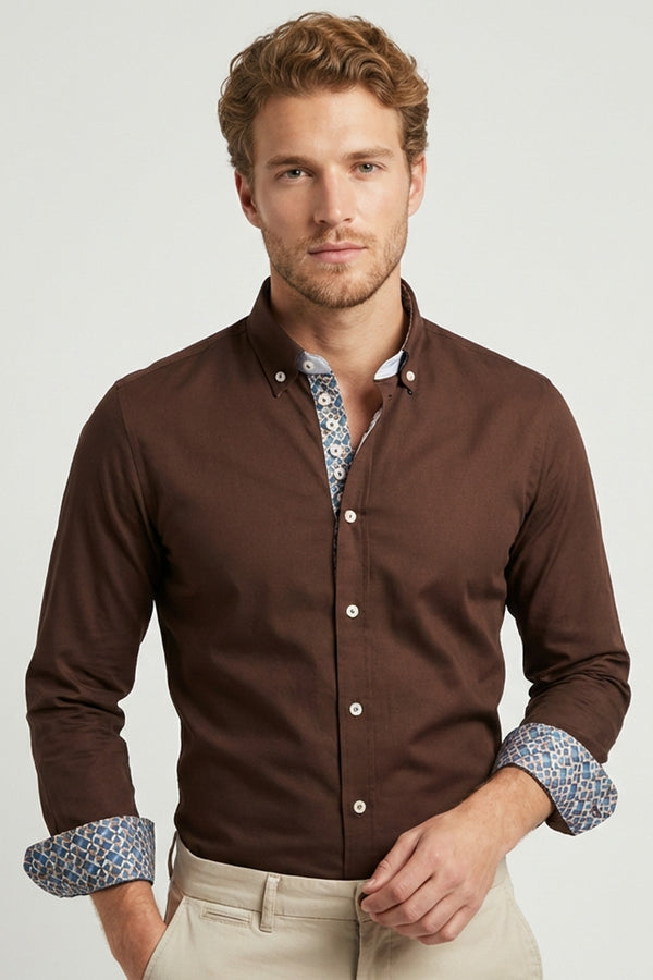 Camisa Hombre Donatello Iconic Popelin Stretch Marron