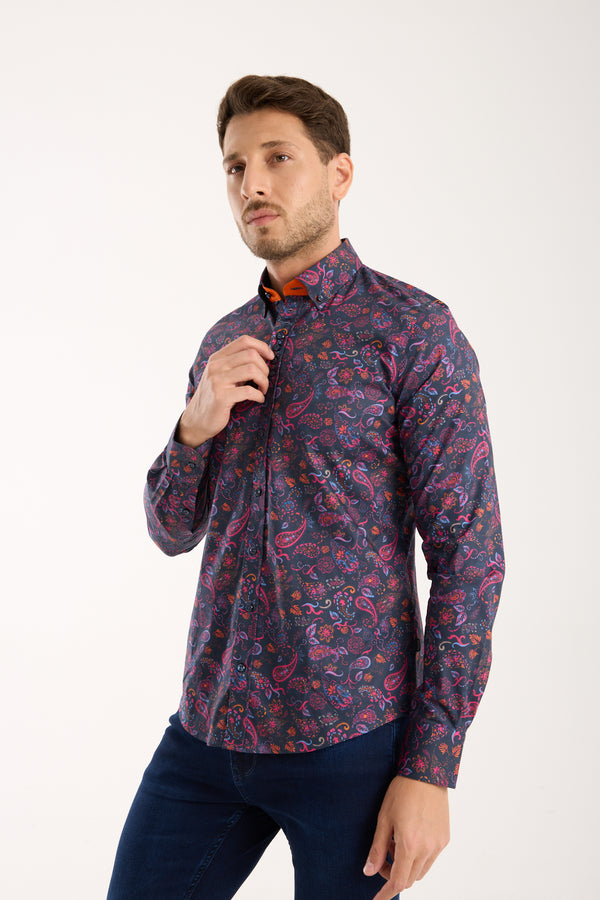 Donatello Poplin Stretch Man Shirt Blue Pink