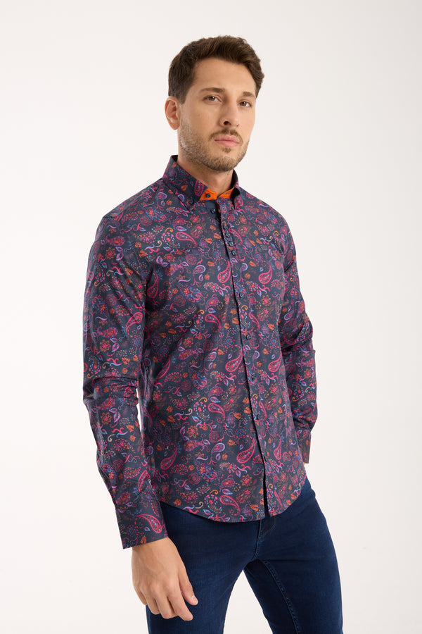 Donatello Poplin Stretch Man Shirt Blue Pink