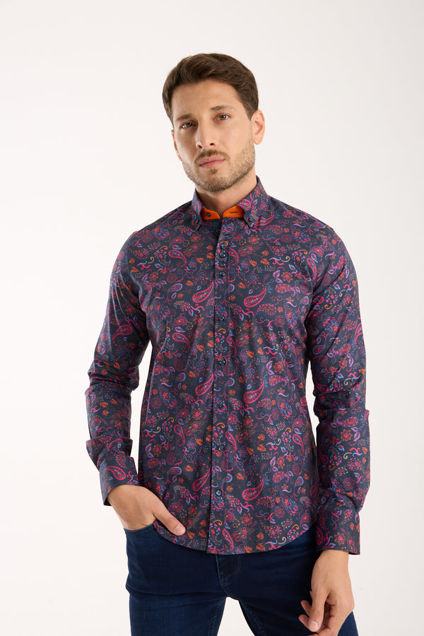 Donatello Poplin Stretch Man Shirt Blue Pink