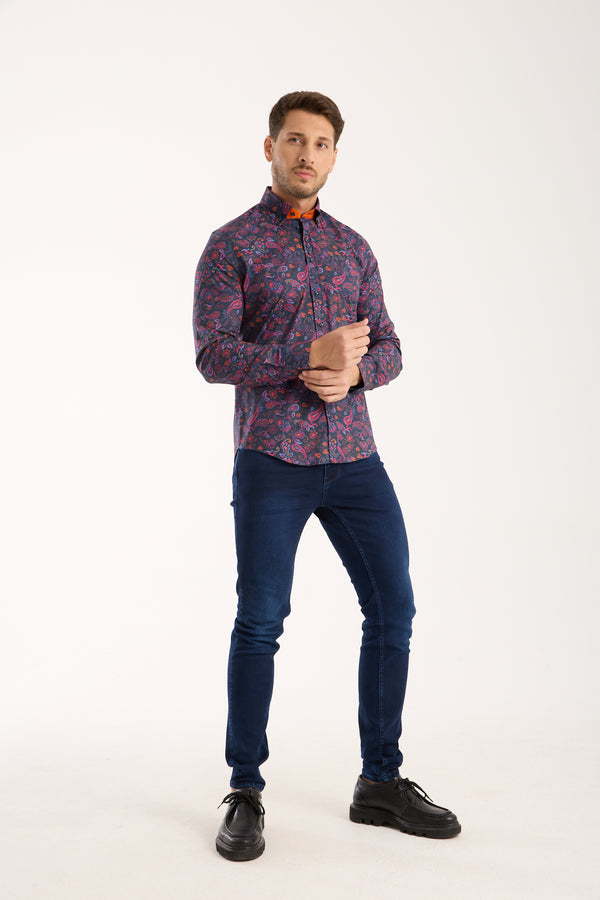 Donatello Poplin Stretch Man Shirt Blue Pink