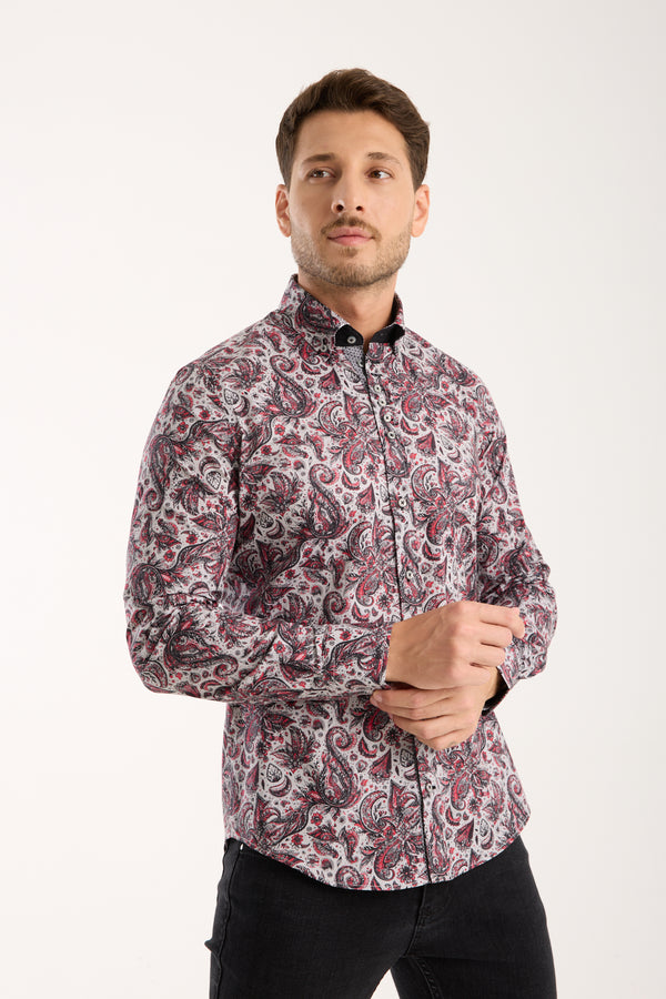 Donatello Poplin Stretch Man Shirt Grey Red