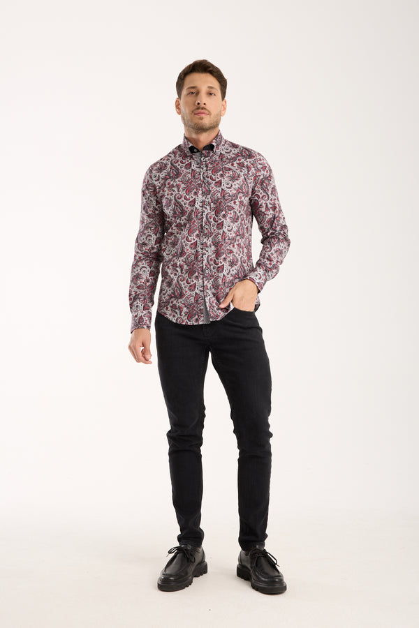 Donatello Poplin Stretch Man Shirt Grey Red