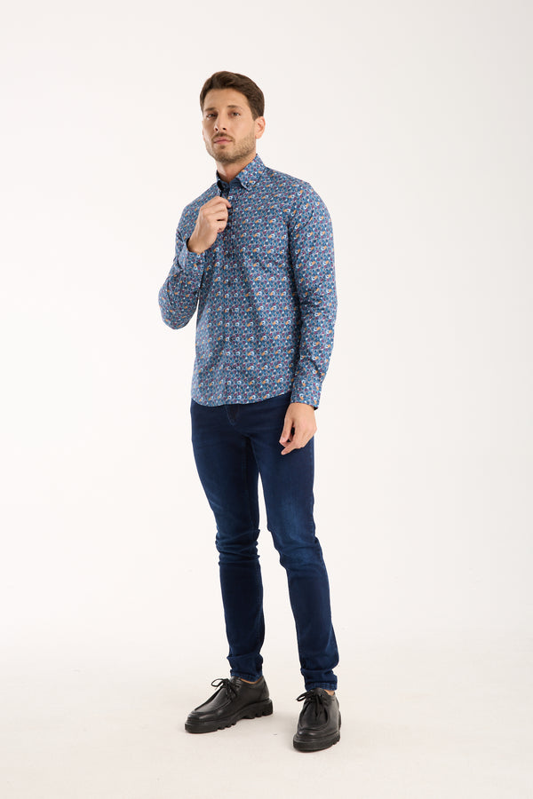 Camicia Uomo Donatello Iconic Popelin Stretch Blu Giallo