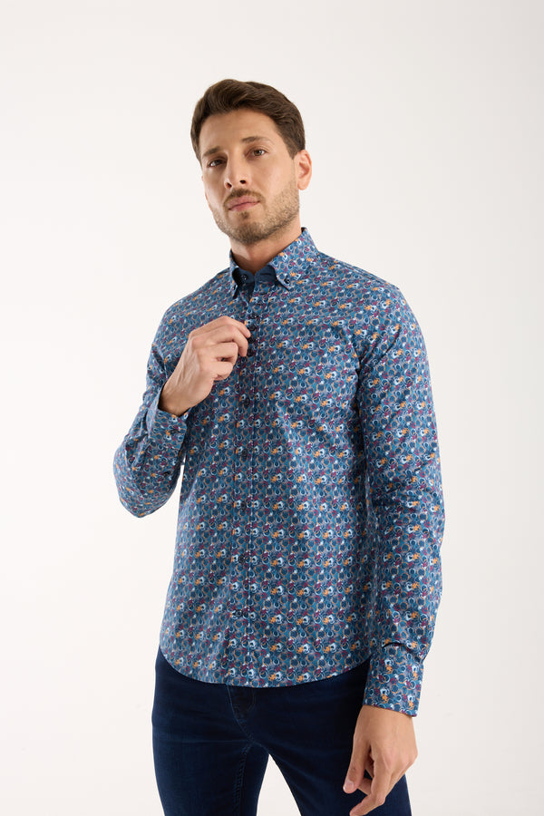 Camicia Uomo Donatello Iconic Popelin Stretch Blu Giallo