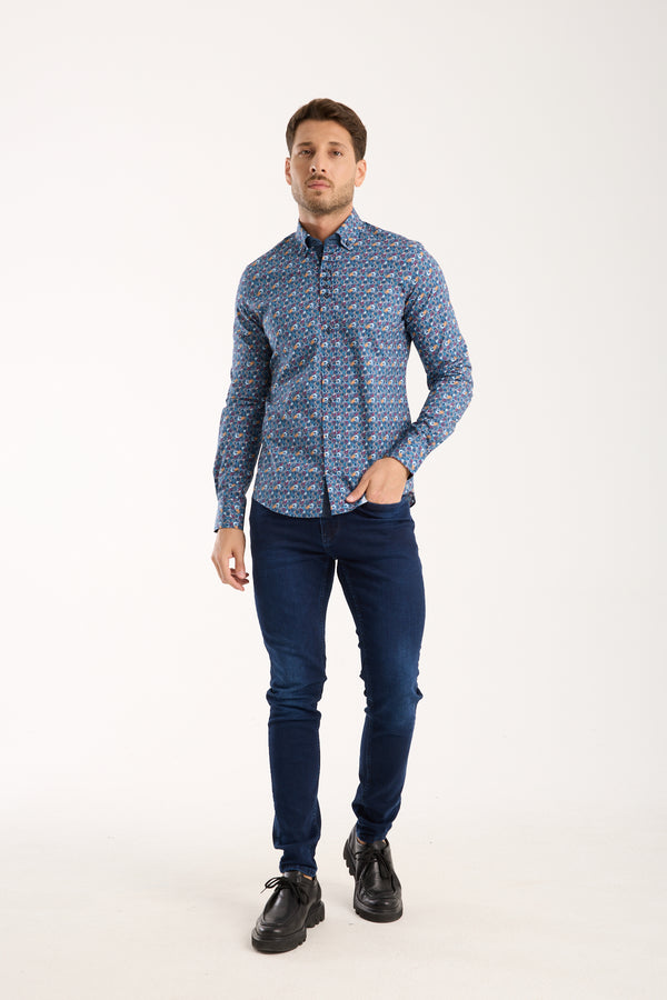 Camicia Uomo Donatello Iconic Popelin Stretch Blu Giallo