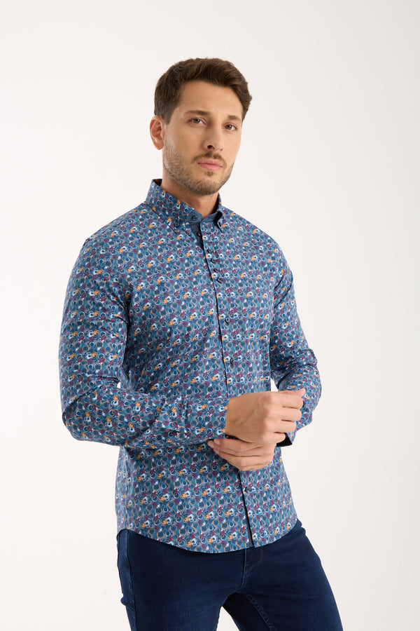 Camicia Uomo Donatello Iconic Popelin Stretch Blu Giallo