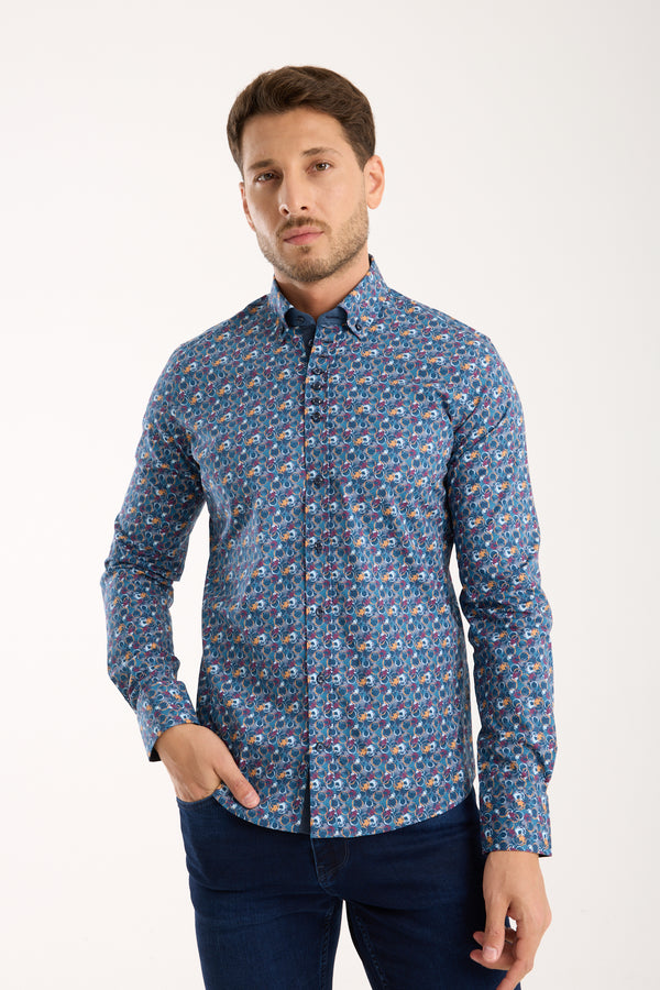 Camicia Uomo Donatello Iconic Popelin Stretch Blu Giallo