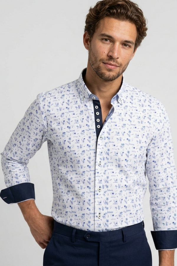 Donatello Iconic Herren Hemd Poplin Stretch Weiss Blau
