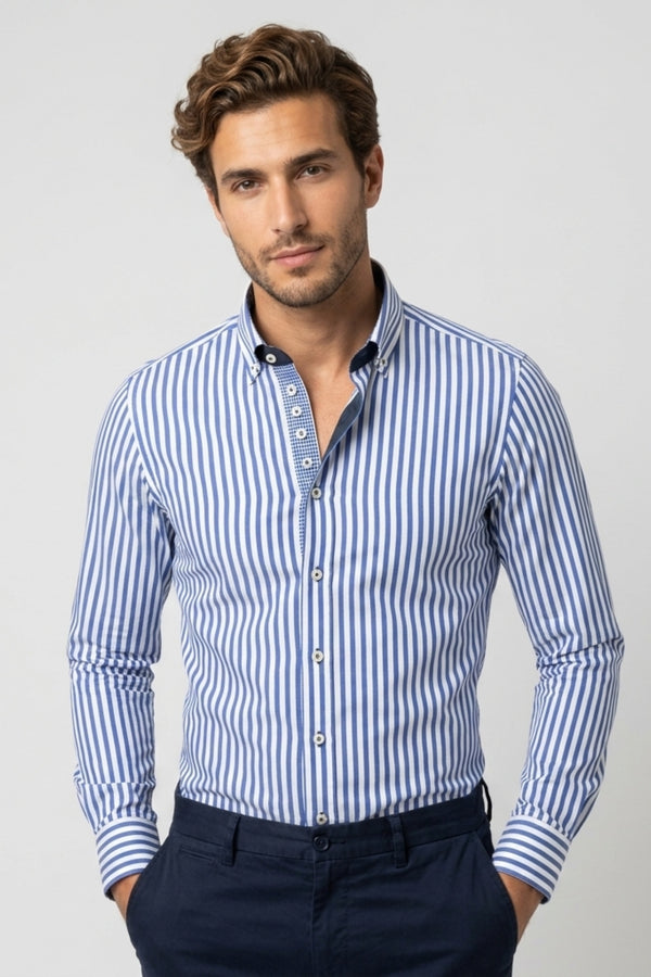 Donatello Iconic Herren Hemd Popelin Weiss Blau