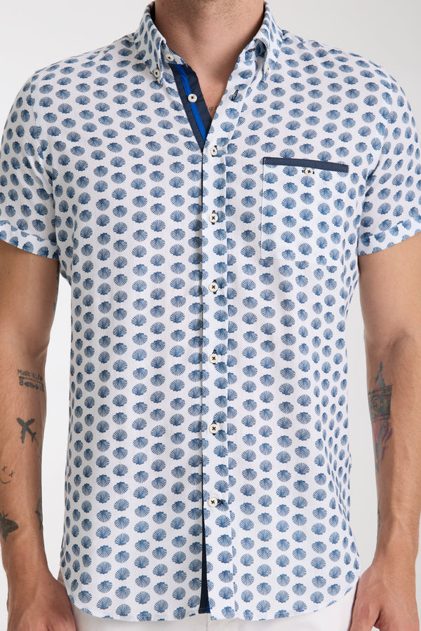 Iconic Herren Hemd Kurzarm Leinen Weiss Blau