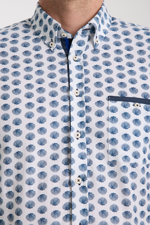 Iconic Herren Hemd Kurzarm Leinen Weiss Blau