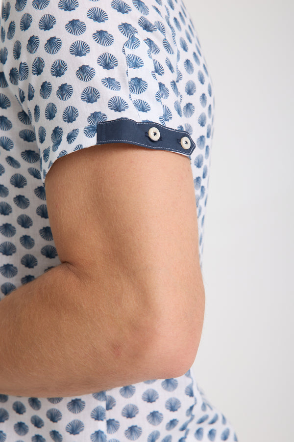Iconic Herren Hemd Kurzarm Leinen Weiss Blau