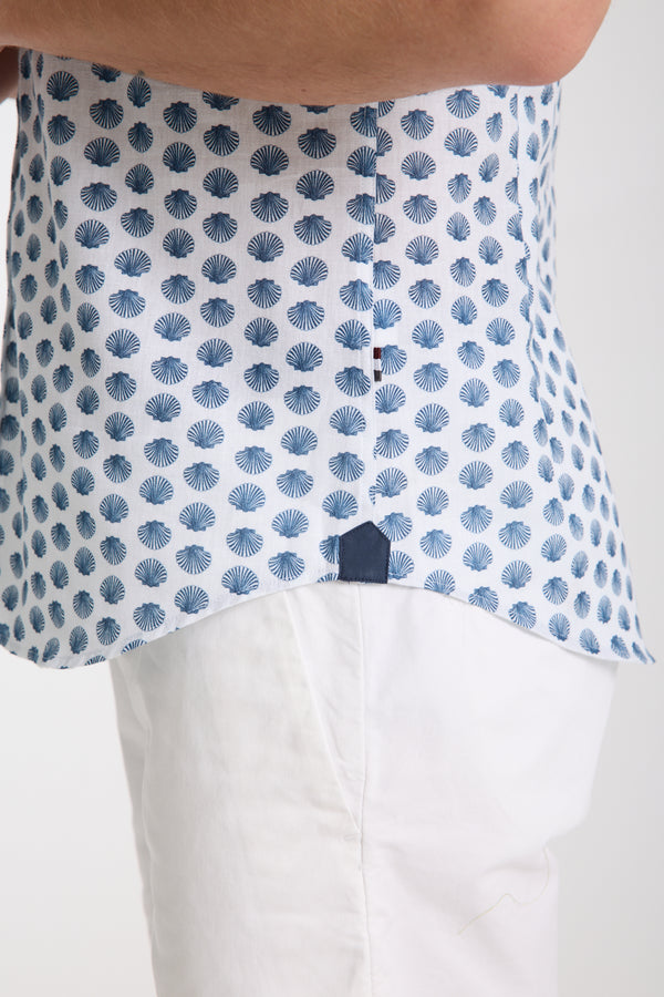 Iconic Herren Hemd Kurzarm Leinen Weiss Blau