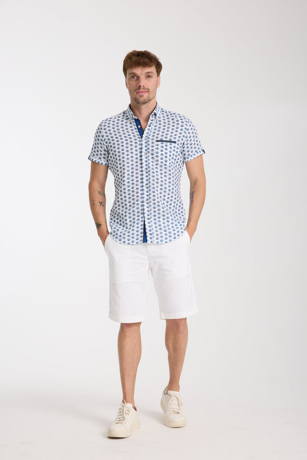 Iconic Herren Hemd Kurzarm Leinen Weiss Blau