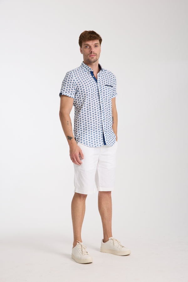 Iconic Herren Hemd Kurzarm Leinen Weiss Blau