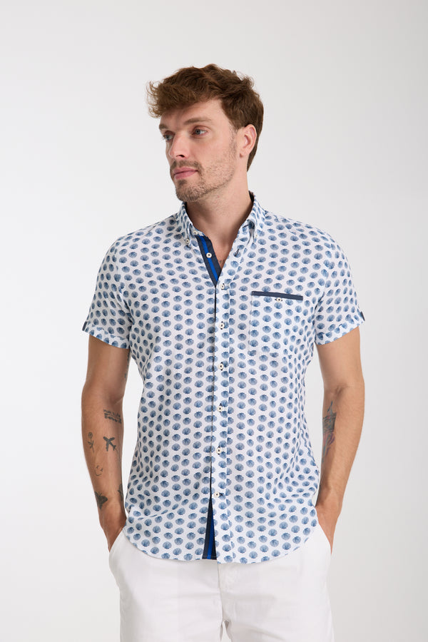 Iconic Herren Hemd Kurzarm Leinen Weiss Blau