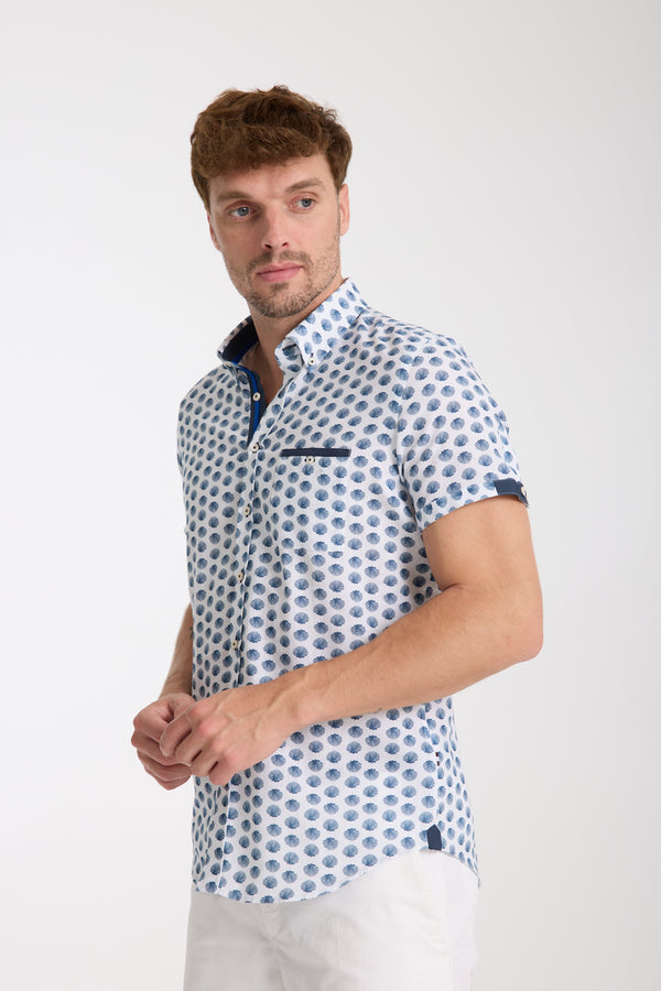 Iconic Herren Hemd Kurzarm Leinen Weiss Blau
