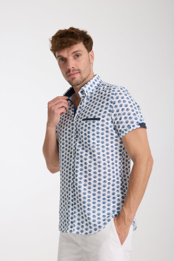 Iconic Herren Hemd Kurzarm Leinen Weiss Blau