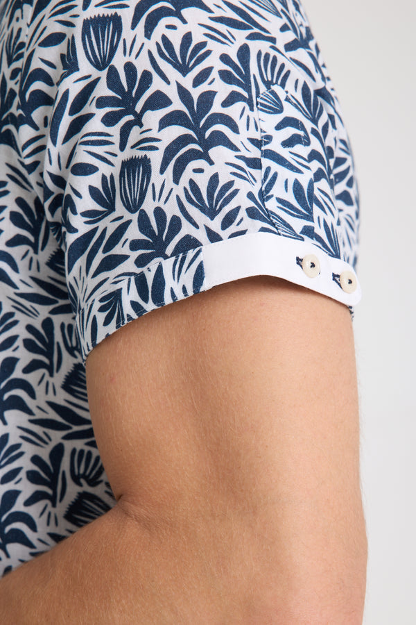 Camicia Uomo Manica Corta Lino Bianco Blu
