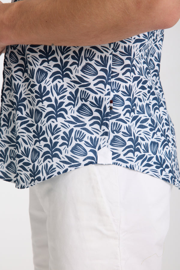 Camicia Uomo Manica Corta Lino Bianco Blu