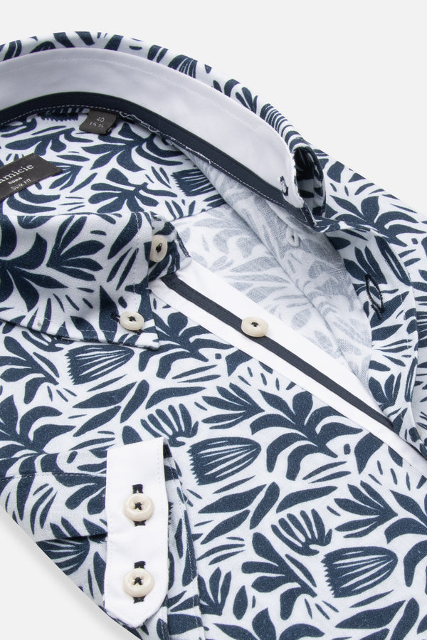 Iconic Linen Man Shirt Short Sleeve White Blue