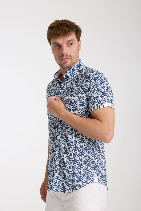 Camicia Uomo Manica Corta Lino Bianco Blu