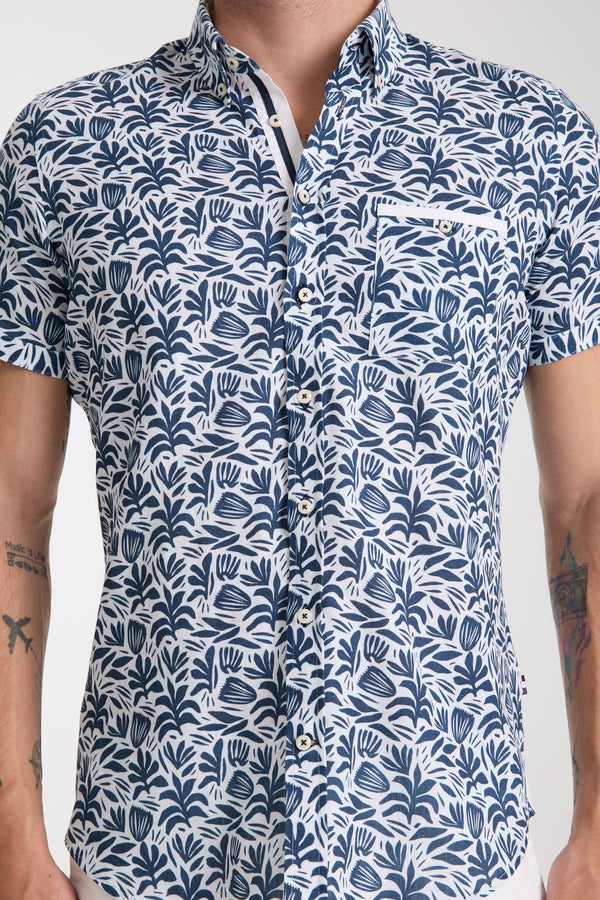 Camicia Uomo Manica Corta Lino Bianco Blu