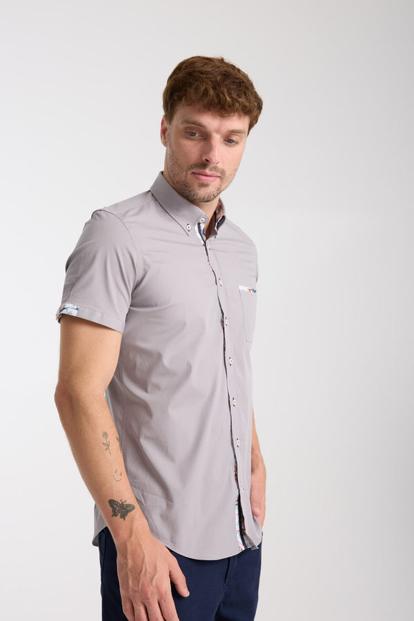 Chemise Homme Manche Courte Iconic Popelin Stretch Gris clair