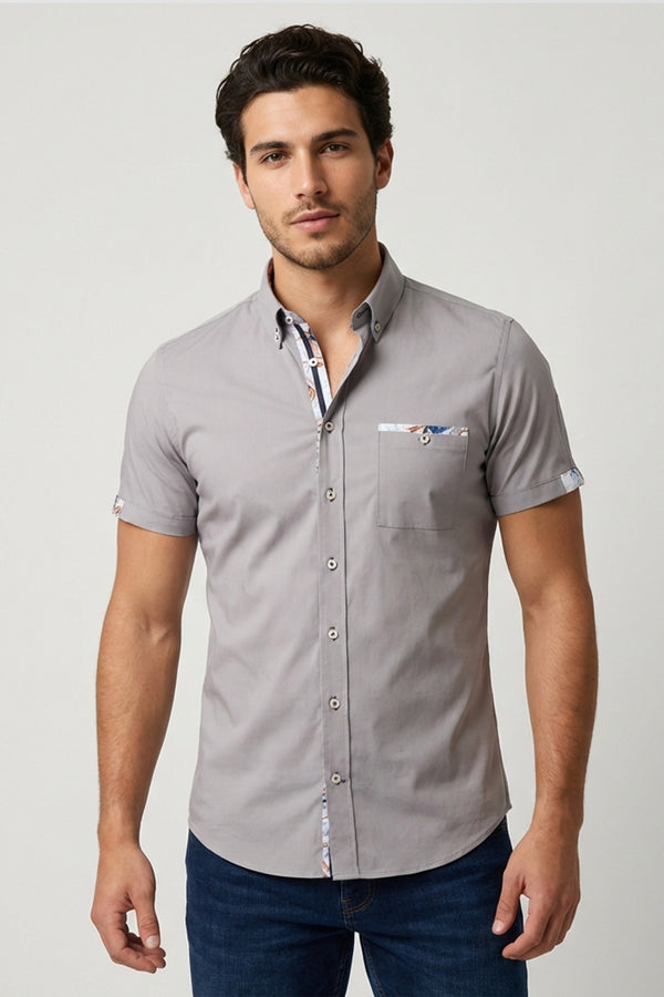 Camisa Hombre Manga corta Iconic Popelin Stretch Gris Claro